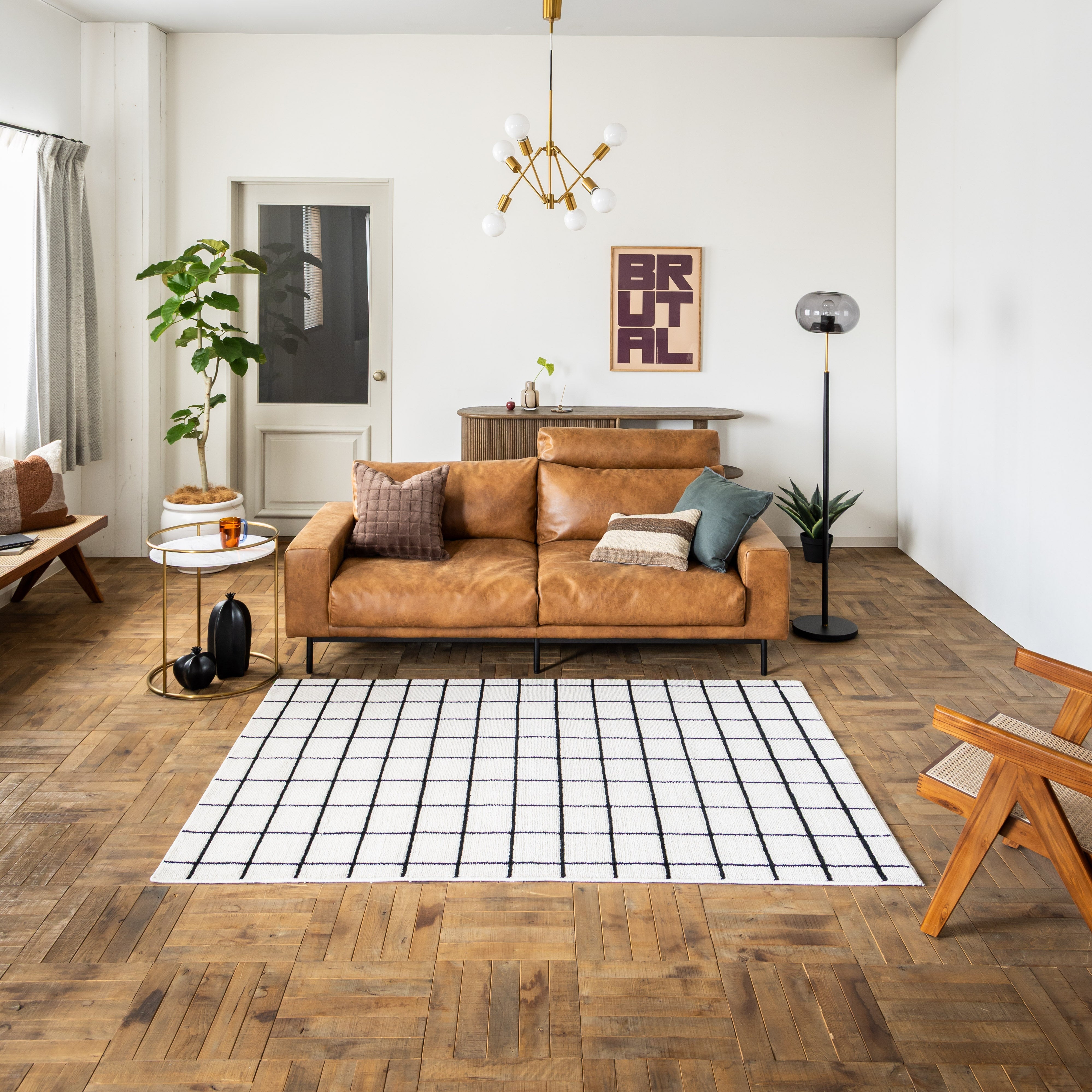 シンプルなグラフチェックのラグ ホワイト×ブラック