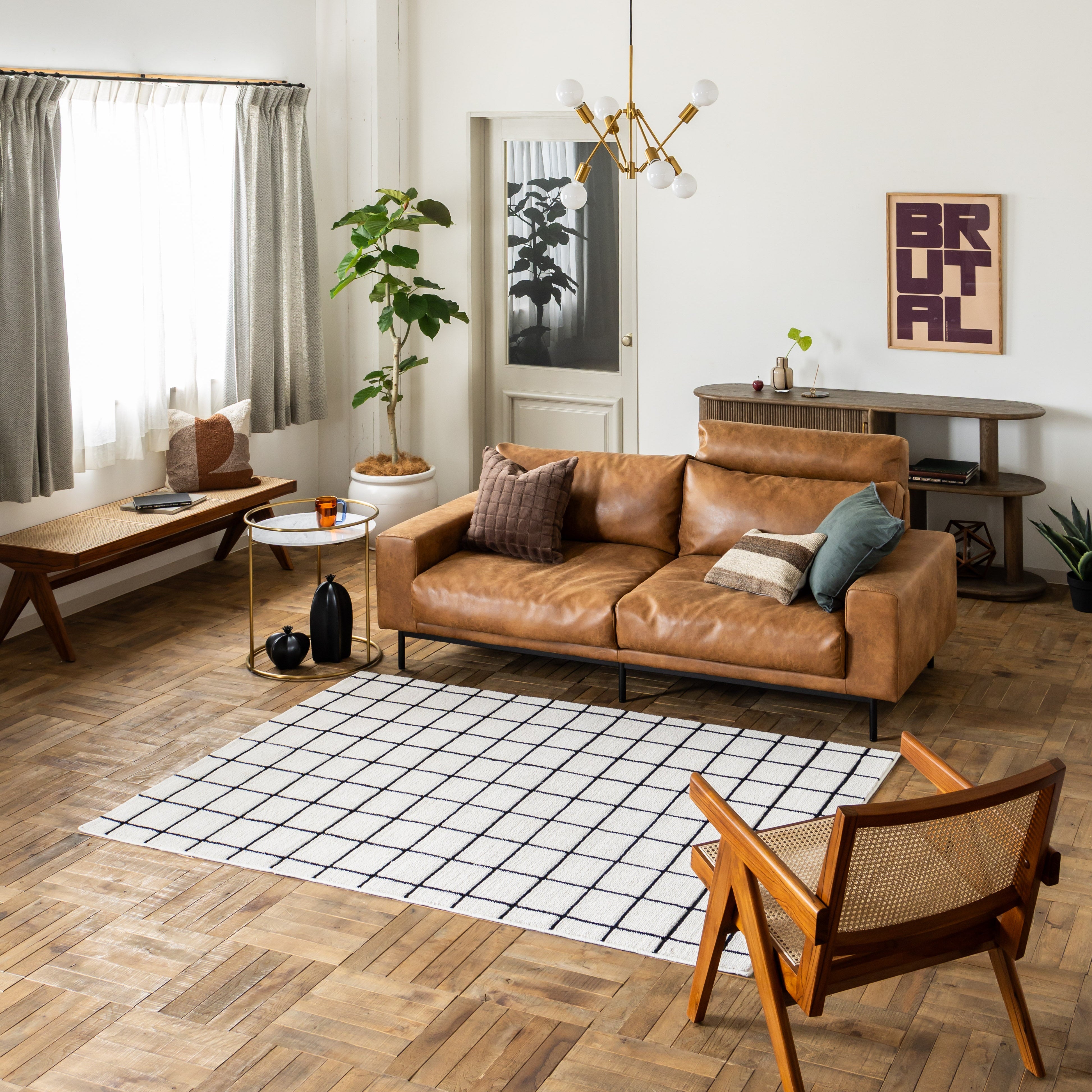 シンプルなグラフチェックのラグ ホワイト×ブラック