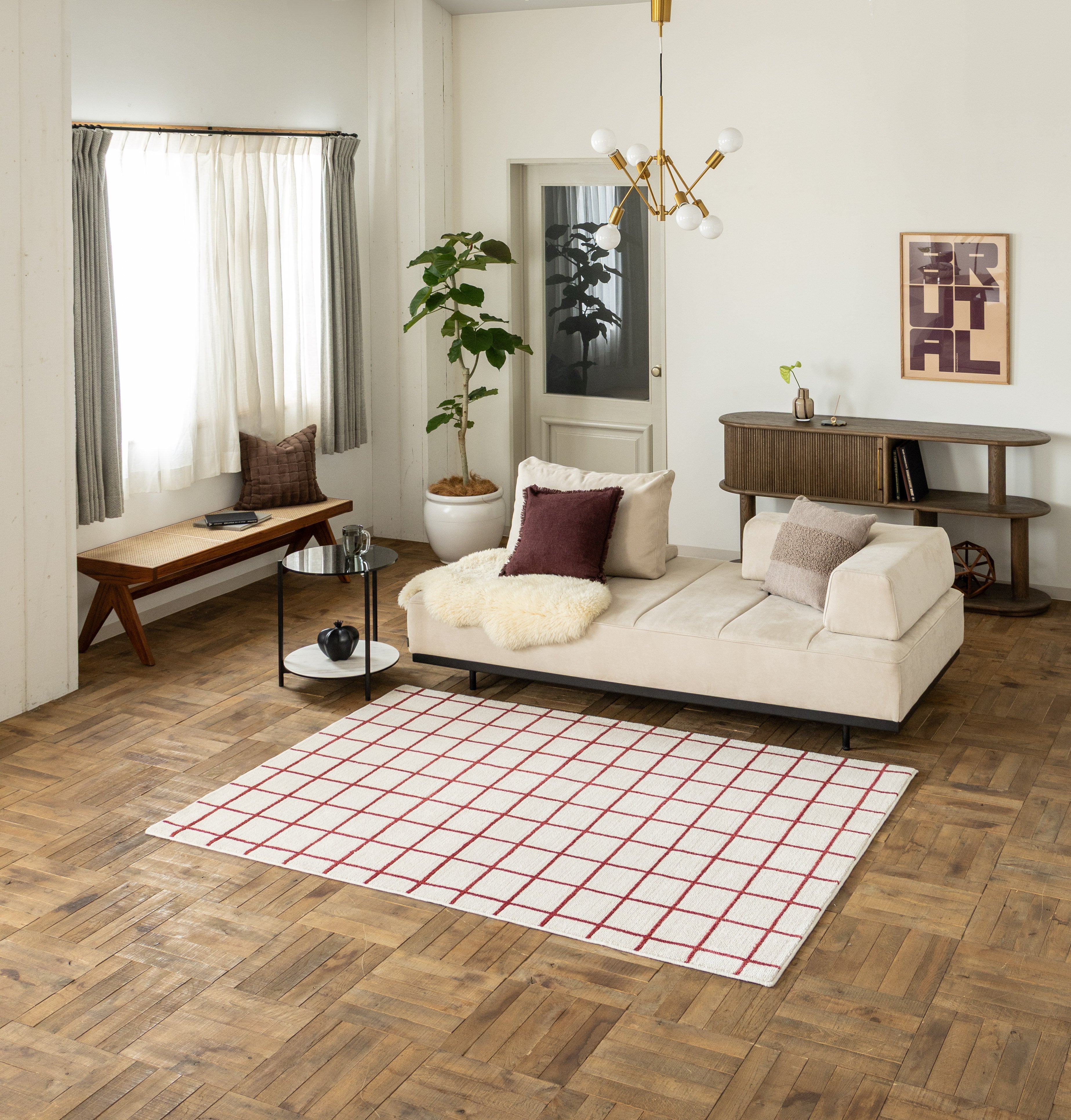 シンプルなグラフチェックのラグ 白×赤
